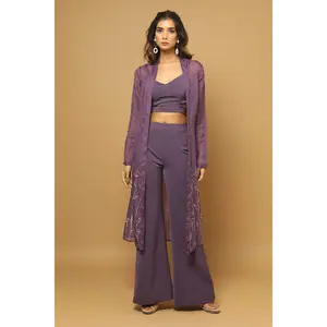 Purple Indo Western Set With Handpainted Jacket (Set Of 3)