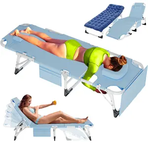 Lilypelle Sun Tanning Chair, Adjustable 5-Position Folding Beach Lounger with Face Arm Hole, Removable Cushion & Pillow, Side Pocket, Carry Handle, Outside Sunbathing Lounge Chair for Patio, Poolside, Lawn