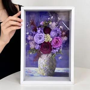 Purple Preserved Rose Flower Frame in a 3D Shadow Box, aesthetic home decor made with real preserved blooms. No watering, no wilting, long-lasting beauty for bedroom, living room, or desk.