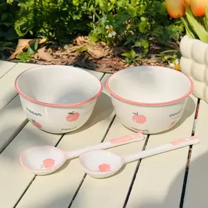 4 Set Cartoon Peach Ceramic Bowl With Spoon Kawaii Anti-Scald Soup Bowl Set Home Kitchen Noodle Ramen Tableware Bowl