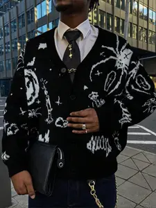 Men's Halloween Print V Neck Sweater, Casual Loose-Fit Long Sleeve Knitted Cardigan, Spring & Fall Street Style Fashion Top