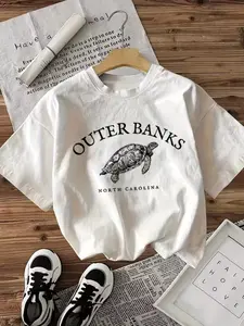 Women's Casual Everyday Turtle Print T-Shirt, Outer Banks North Carolina Letter Design, Comfortable Short Sleeve Top, Perfect for Spring & Summer