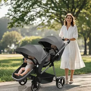 Convertible Double Bassinet Pram for Twins - 2-in-1 Newborn & Toddler Stroller with Shock Absorbing PU Wheels, Reversible Seats & 5-Point Harness