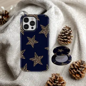 Leopard Star Phone Case, Navy Blue Case, Trendy Cheetah Cover, Phone Grip, Popsocket, Gift, For Iphone 17 16 15 14 13 12 11