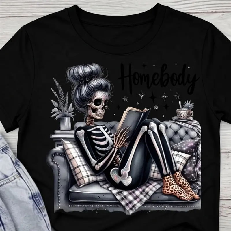 Classic Graphic T-Shirt with Homebody Glitter Skelly Print, Unisex Shortsleeve Round Neck Top in 100% Soft Cotton Fabric, Menswear, Chic, Dads