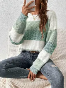 Elegant Loose-Fit Knit Sweater, Round Neck Long Sleeve, Colorblock Striped Design, Casual Fall Winter Spring Wear, Must-Have Wardrobe Essential, Womenswear Tops Knitwear, Loose Casual Jumper, Knitted Pullover