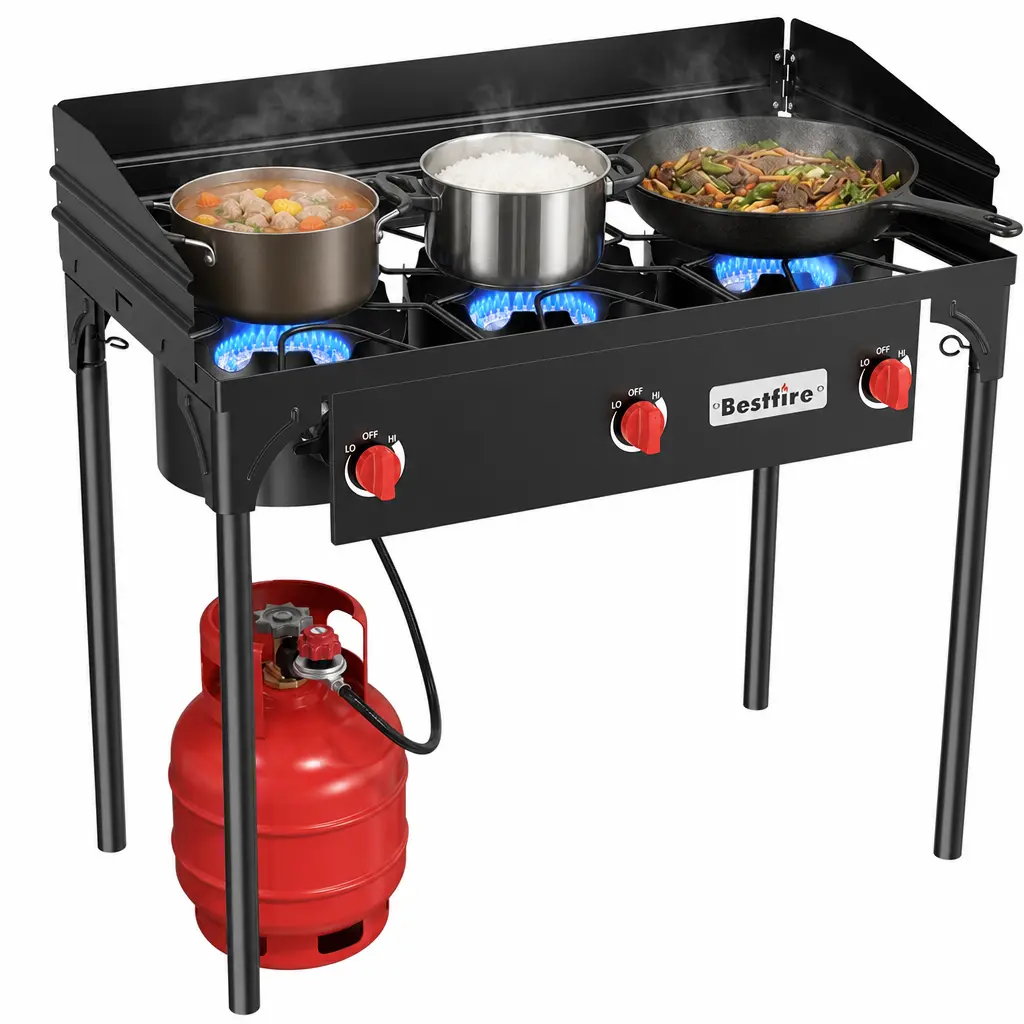 BESTFIRE 225K BTU 3-Burner Propane Camping Stove – Heavy Duty Outdoor Gas Cooker with Removable Legs, Available with or without Wind Panel, Perfect for BBQ, Large Pot Boiling, Tailgating & Home Cooking