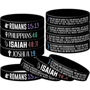 (12-Pack) Christian Silicone Wristbands Bible Verse Rubber Bracelets, Isaiah 40:31, Philippians 4:6, Joshua 1:9, and Romans 15:13, Rubber Wristbands for Religious Party Favors, Gifts for Christian