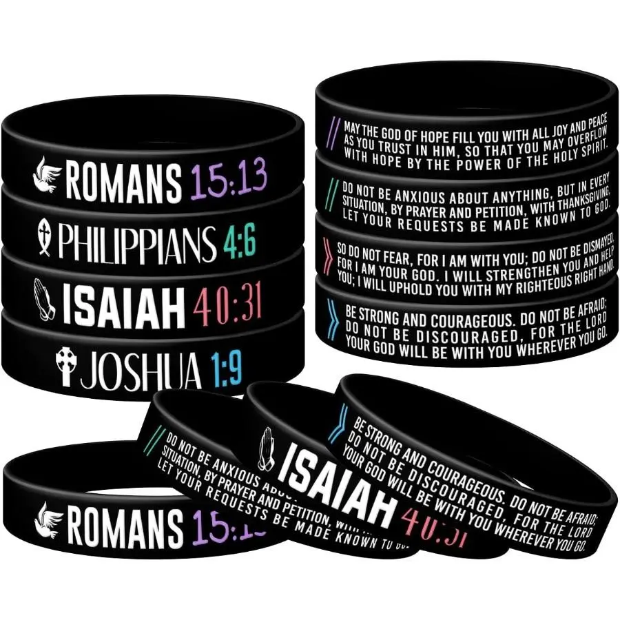 (12-Pack) Christian Silicone Bible Verse Bracelets - Isaiah 40:31, Philippians 4:6, Joshua 1:9, Romans 15:13 - Religious Party Favors, Christian Gifts, Bracelet