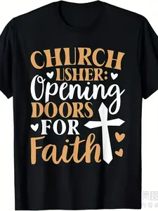 Christian Women's T-Shirt Local 1pc Women's Casual Church Receptionist Open the Door of Faith Printed T-Shirt, Short Sleeve Round Neck, Regular Four Seasons T-Shirt, Fabric