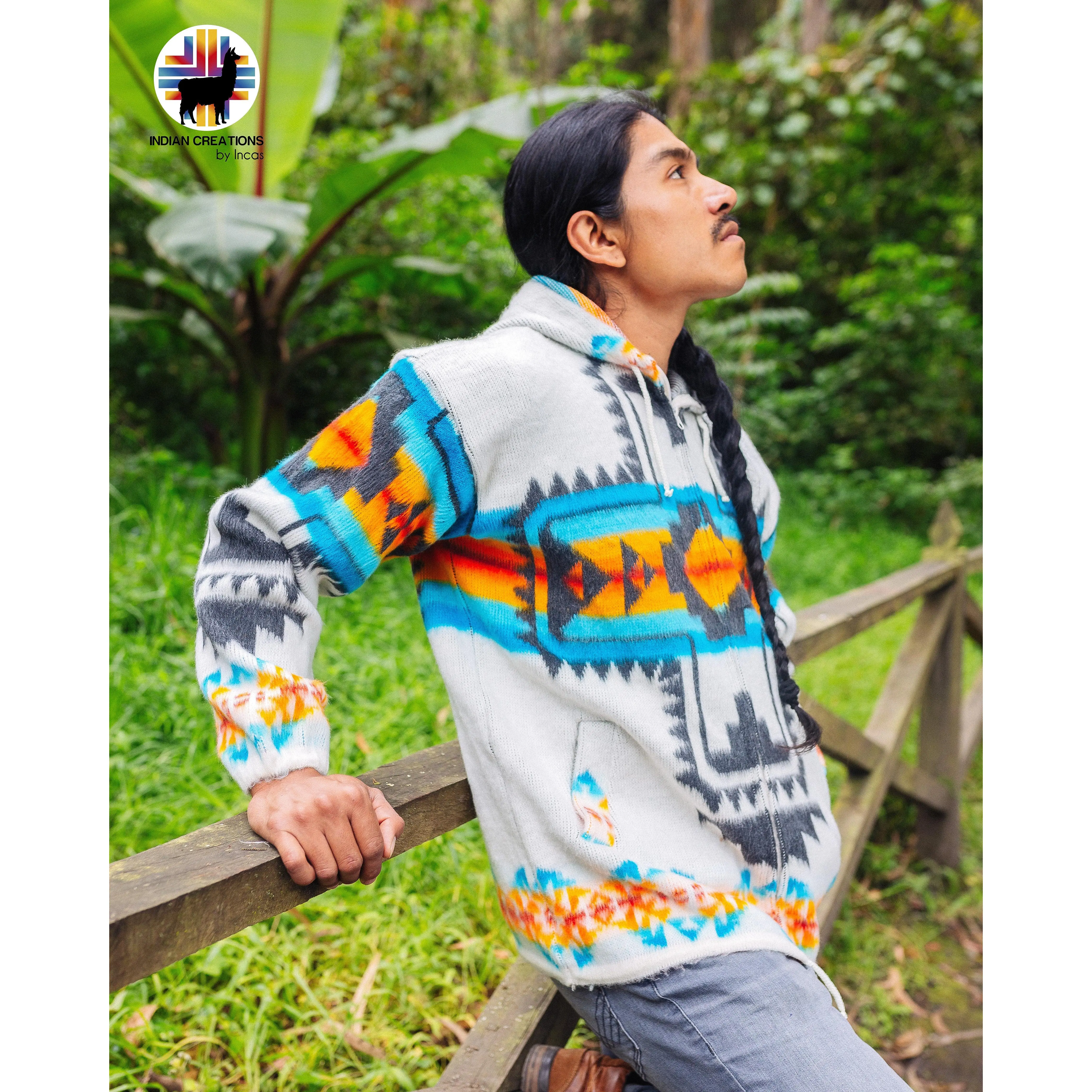 Sunset Cross Alpaca Wool Jacket. Handcrafted by Indigenous Hands. Soft, warm with hood. Unisex. One Size.