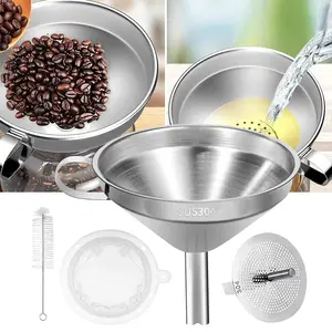 Stainless Steel Kitchen Funnel Set Food Grade Metal Wide Mouth Funnel with Mesh Filter Strainer for Filling Bottles Transferring Liquid Oil Juice Milk and Mason Jars