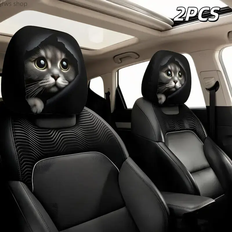 2-Pack Cute Cat Headrest Covers – Universal Car Seat Headrest Protectors, Washable Kawaii Auto Accessories