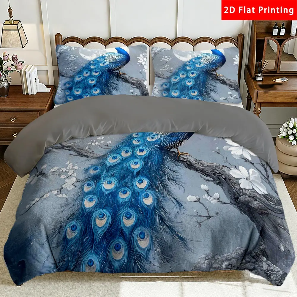 2/3 Pcs 2D Flat Moonlit Peacock Magnolia Milk Velvet Duvet Cover Set Peacock Magnolia Bedding Set Quilt Cover 1 Duvet Cover + 1/2 Pillowcases Elegant Top Sheet Decorative Bedding Bedroom Decor The Preferred Pick for Bedding