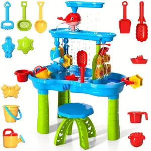 Water Play Table Sand Table with Waterfall, Beach Toys, Toddler Molds and Spades, Complete Set, Outdoor Backyard Summer Activity