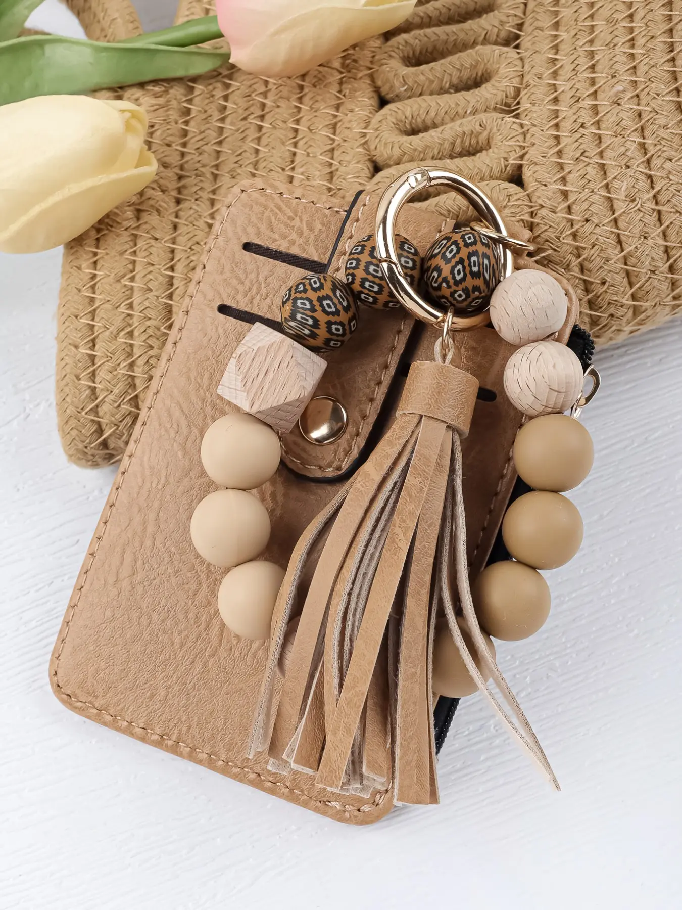 Vintage PU Leather Beaded Wristlet Keychain with Card Holder, Zipper Wallet Tassel Keychain, Mother's Day Gift for Women, Stylish Keychain, Aesthetic Keychain