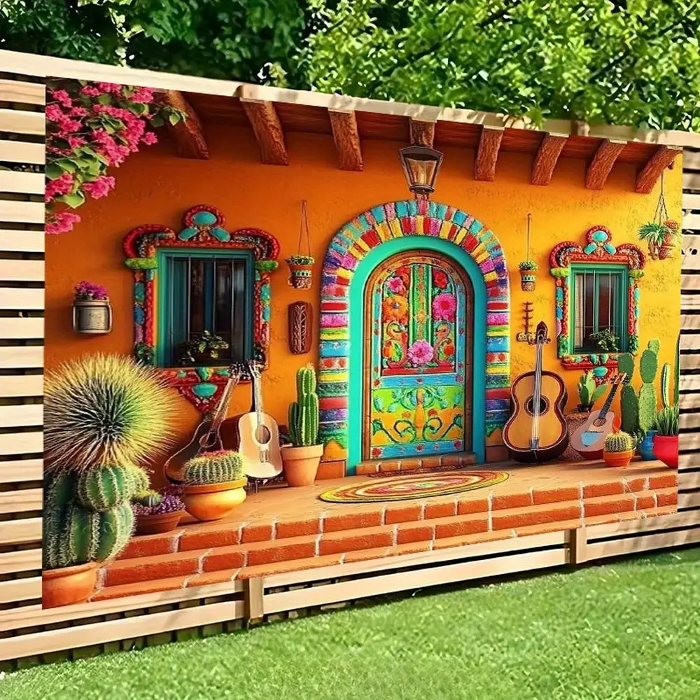 1pc 2D Flat Mexican-Style Porch Outdoor Banner - Vibrant Polyester Fabric Decor with Doors, Plants & Musical Instruments for Indoor/Outdoor Parties, Photography, Outdoor Banners