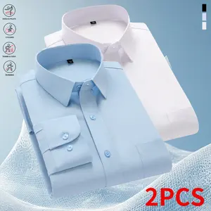 Men’s Slim-Fit Long-Sleeve Formal Dress Shirt, 2-Pack – Wrinkle-Resistant Solid Color, Chest Pocket, Classic Collar, Single-Breasted Closure Design, Suitable for Business Casual and Office Wear – Machine Washable Twill Fabric, Formal Attire, Elegant Tailo