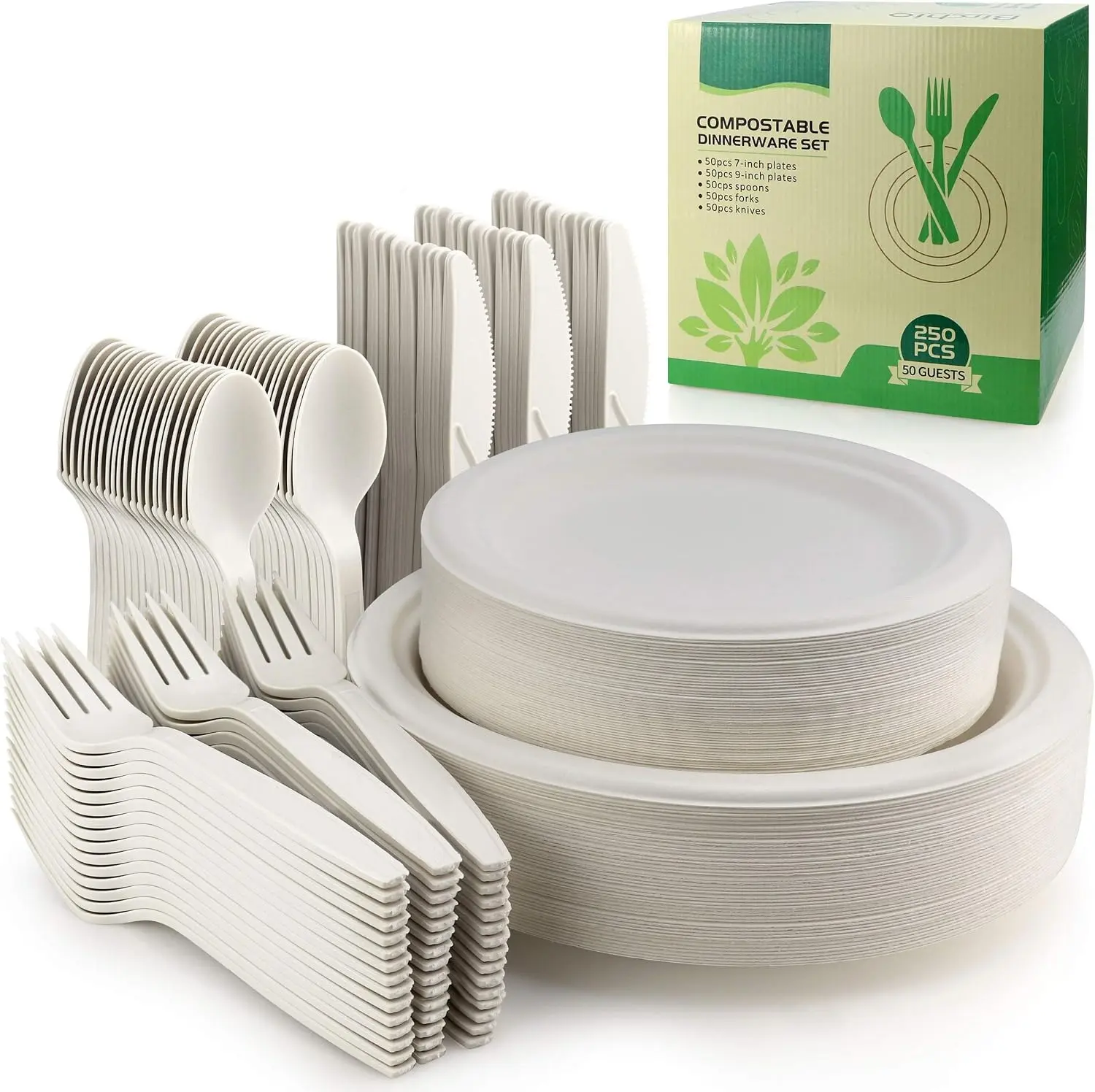 250 Piece Biodegradable Paper Plates Set (EXTRA LONG UTENSILS), Disposable Dinnerware Set, Eco Friendly Compostable Plates & Utensil include Plates, Forks, Knives and Spoons for Party