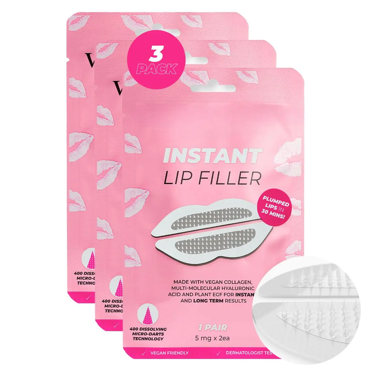 3-Pack Instant Lip Plumper Mask with Micro-Dart, Hyaluronic Acid & Vegan Collagen - Hydrating Lip Patches, Korean Skincare Beauty Gift for Wife