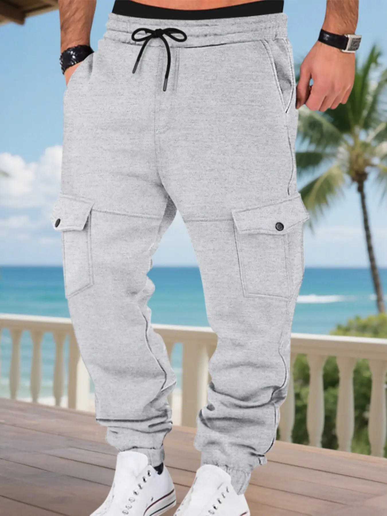 Men's Fall Winter Outfits Fleece Lined Warm Plain Multi-Pocket Elastic Waist Cargo Pants, Casual Track Pants, Old Money Drawstring Design, Casual Versatile Jogger Bottoms, Essential for Man's Wardrobe, Trouser, Menswear, Adjustable Waist Pants