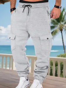 Men's Fall Winter Outfits Fleece Lined Warm Plain Multi-Pocket Elastic Waist Cargo Pants, Casual Track Pants, Old Money Drawstring Design, Casual Versatile Jogger Bottoms, Essential for Man's Wardrobe, Trouser, Menswear