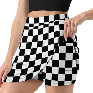 Black White Race Checkered Flag Women's Tennis Skirt with Shorts Pockets, A-line Light Proof Trouser Skirt