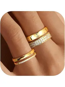 THUNARAZ 3 Pcs Dazzling Elegant Stackable Golden Ring Sets for Women Men 18K Gold Plated Wedding Bands Promise Stacking Rings Dainty Stacked Rings Cubic Zirconia Thumb Rings Jewelry Thumb Rings Men Promise Rings Wedding Ring for Christmas Gift