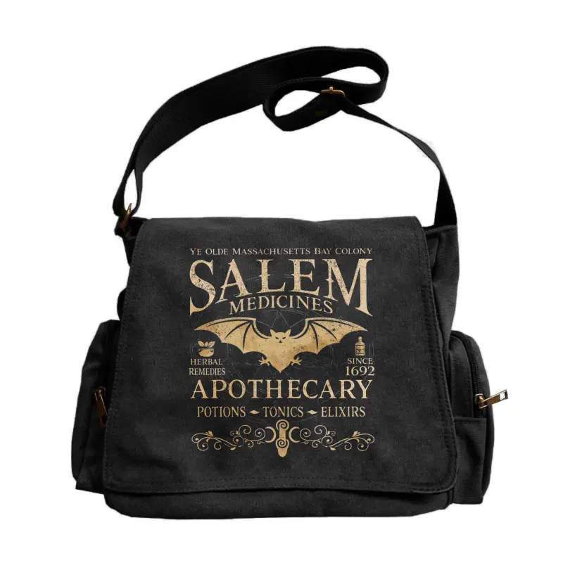Messenger bag for Valentine’s Day, large-capacity flap retro tote crossbody messenger bag featuring a Salem pharmacist bat pattern and vintage-style lettering. Perfect for everyday outings and travel; an excellent gift choice for your girlfriend.