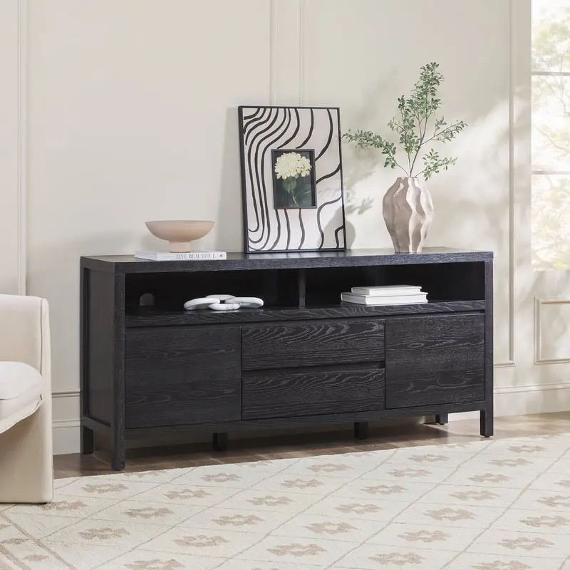 Walker Edison 65 in. Black Modern Chic Farmhouse Rustic Solid Oak Wood Sideboard - Configurable, Dual-Door, Hidden Storage, Adjustable Shelves Cupboard, Configurable Sideboards, Dual Door Sideboards