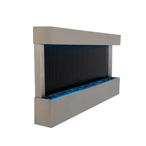 Xbrand 47" Indoor Wall-Mounted Waterfall Mirror Fountain – LED Lighted Silver Metal Décor with Rock Base