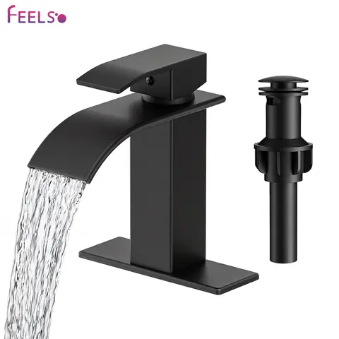 FEELSO Matte Black Stainless Steel Waterfall Widespread Bathroom Sink Tap - Lever-Based Minimalist Modern Faucet for Bathroom Sinks, with Base, Hose, Pop-Up Drainage, Supply Hoses, Fits 1 or 3-Hole Basins (Single Hole Deck Mount Compatible), Faucets For B