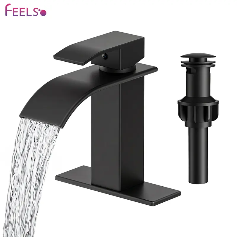 FEELSO Matte Black Stainless Steel Waterfall Widespread Bathroom Sink Tap - Lever-Based Minimalist Modern Faucet for Bathroom Sinks, with Base, Hose, Pop-Up Drainage, Supply Hoses, Fits 1 or 3-Hole Basins (Single Hole Deck Mount Compatible), Faucets For B