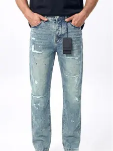 WEEHOURS WK09 Splatter Distressed Wide Leg Jeans – Heavyweight Vintage Denim Jean Menswear Pants Fashion Big Leather Fabric Trouser