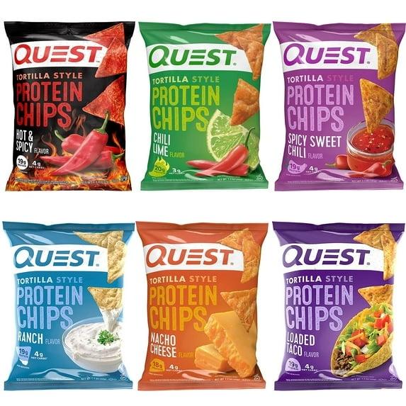 Quest Tortilla Style Protein Chips Variety Pack 6 Pack 1.1 Ounce Each High Protein Low Carb Gluten Free Assorted Flavors Hot Spicy Chili Lime Spicy Sweet Ranch Nacho Cheese & Loaded Taco Crunchy Crispy Healthy Snack - Chicharon