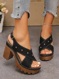 Women's Rivet Chunky Heel Waterproof Platform Sandals, Summer New Fish Mouth High Heel Roman Shoes, Back Strap Women's Shoes, Fashionable Sandals