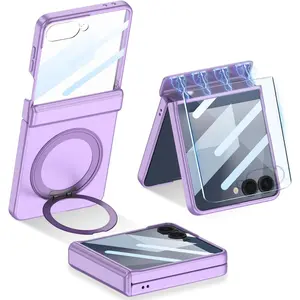 for Samsung Galaxy Z Flip 7 with & Ring Kickstand & Screen Protector & Magnetic Hinge Protection, [Support Wireless Charging ] Slim Hard PC Shockproof Cover for Galaxy Z Flip 7 (Purple)
