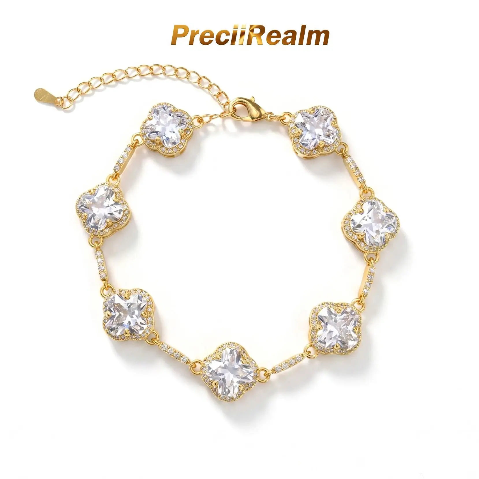 PreciiRealm Women's 14K Gold Clover Lucky Bracelet - Diamond Four-Leaf Clover Bracelet - Adjustable Trendy Jewelry Gifts