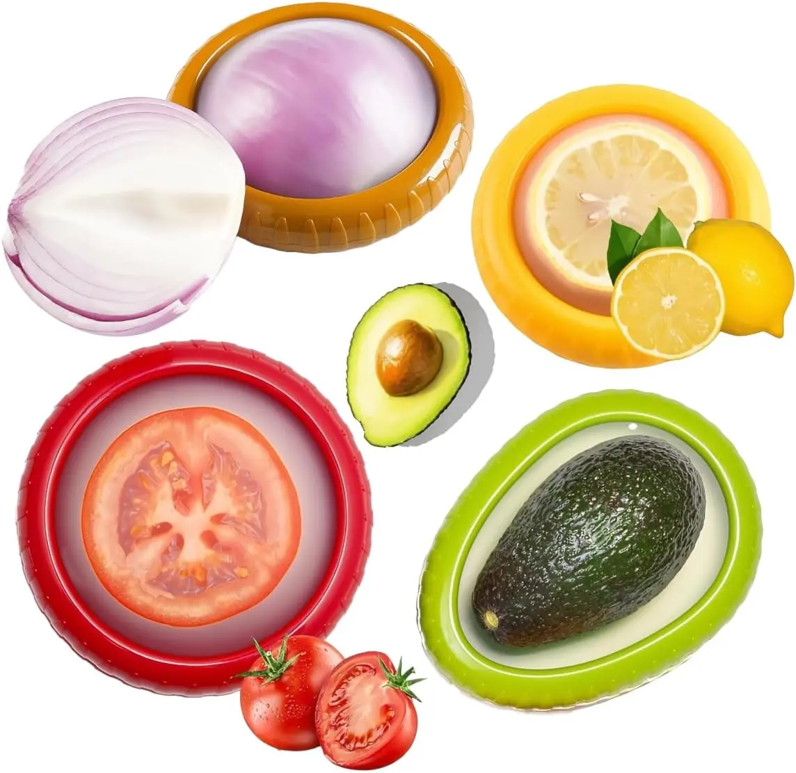 4-Piece Silicone Kitchen Food Storage Set - Avocado Saver, Onion Container, Anti-Oxidation Pods for Lemons, Tomatoes, Garlic - Reusable Fridge Utensils with Covers for Produce Preservation