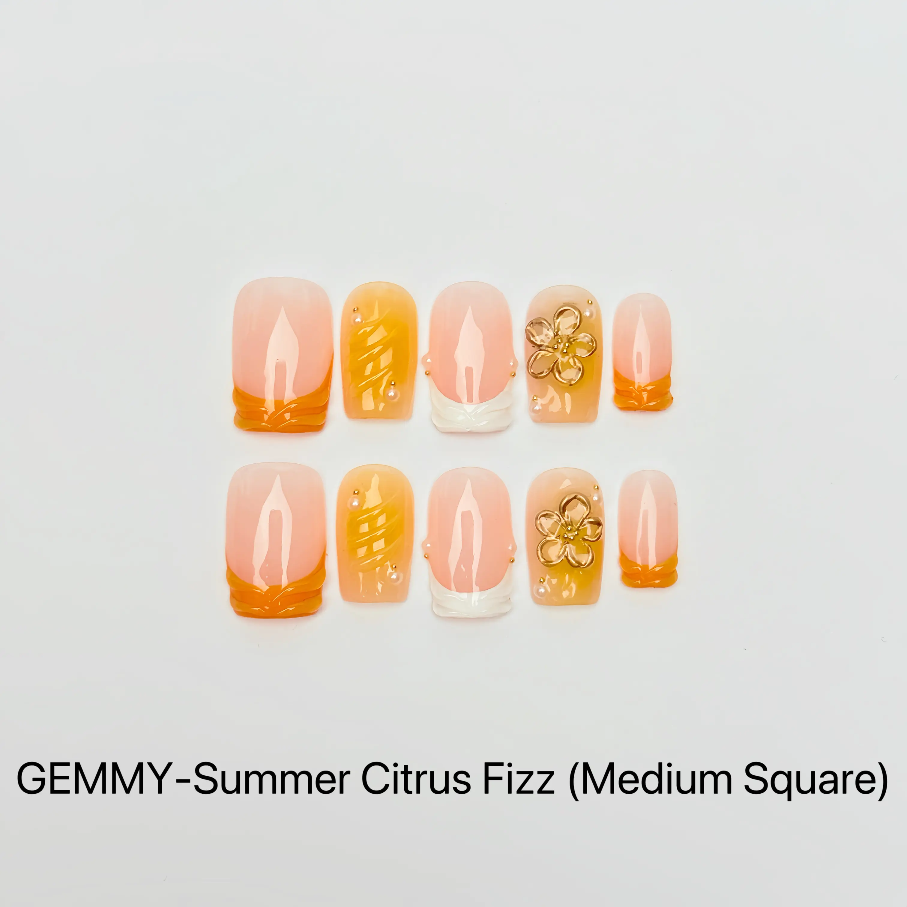 GEMMYNail Summer Citrus Fizz 100% Handcrafted 3D Press-On Nails | Reusable, Long-Lasting, Salon-Quality