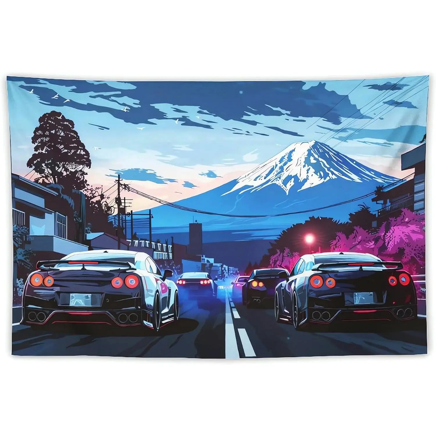 JDM R35 Cars Tapestry, Mount Fuji Art Anime Wall Hanging, Japanese Aesthetic Room Decor for Bedroom Living Room Dormitory Office 59" x 39" Modern Stripe Design