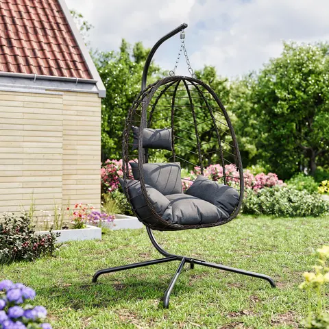 Summergarden Hanging Egg Chair with Stand - Indoor/Outdoor Wicker Hanging Chair, Hand-Woven PE Rattan Swing Furniture, FallFreshness Cushion, Adjustable Chain Length, 350lb Capacity, Simple Setup Gets You Relaxing Sooner, for Front Porch Use