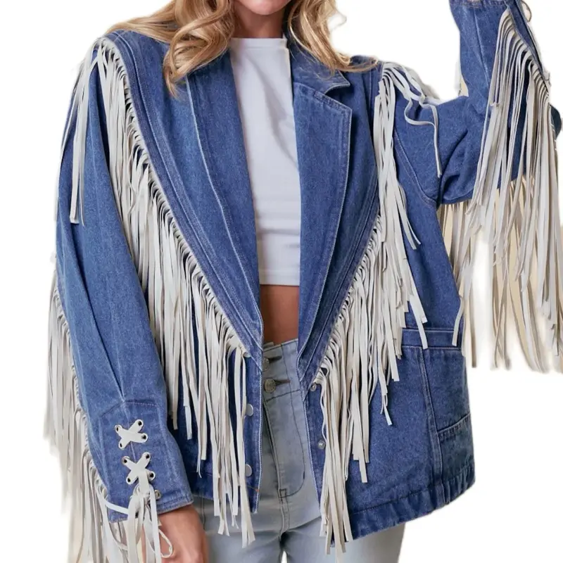 Oversized Fringe Denim Jacket with White Tassels and Lace-Up Details for Women