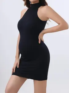Women's Solid Round Neck Maternity Dress, Casual Seamless Sleeveless Ribbed Bodycon Dress for Pregnancy, Maternity Clothes for All Seasons