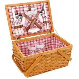 Picnic Basket Set for 2 Persons, Woven Woodchip Basket with Folding Handles & Lid, Red and White Gingham Lining Basket Set with Utensils Cutlery - Perfect for Picnic, Camping, Valentine Day, Outdoor