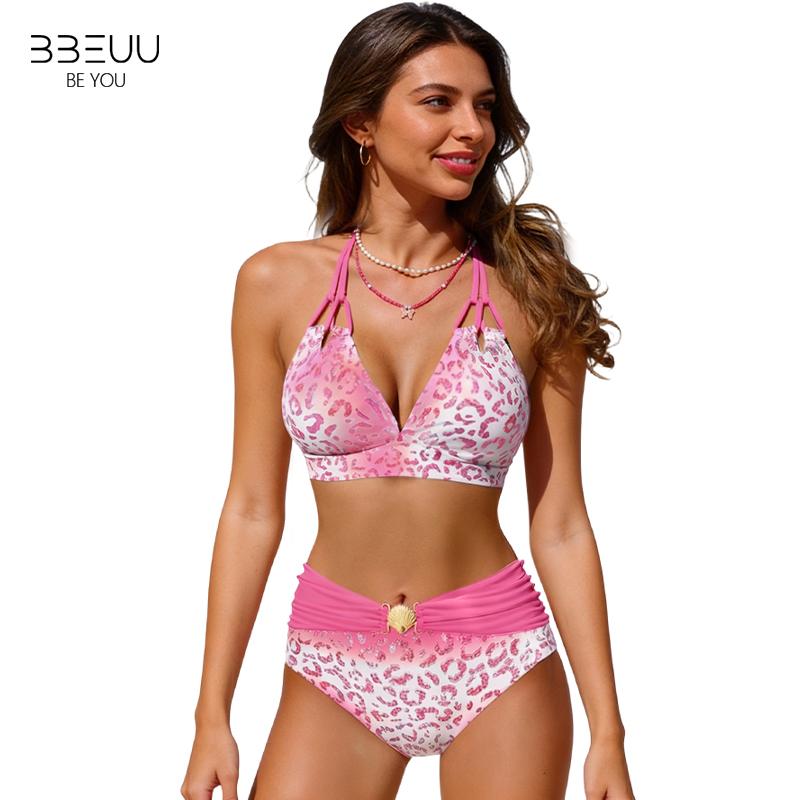 BBEUU Gradient Leopard Print High-Waisted Bikini Set with Adjustable Halter Tie-Back Top Ruched Waistband Durable Polyester Fabric in Pink Blue Purple Green Yellow Sizes S-3XL BBEUU Gradient Leopard Print High-Waisted Bikini Set with Adjustable Halter Tie-Back Top Ruched Waistband Durable Polyester Fabric in Pink Blue Purple Green Yellow Sizes S-3XL