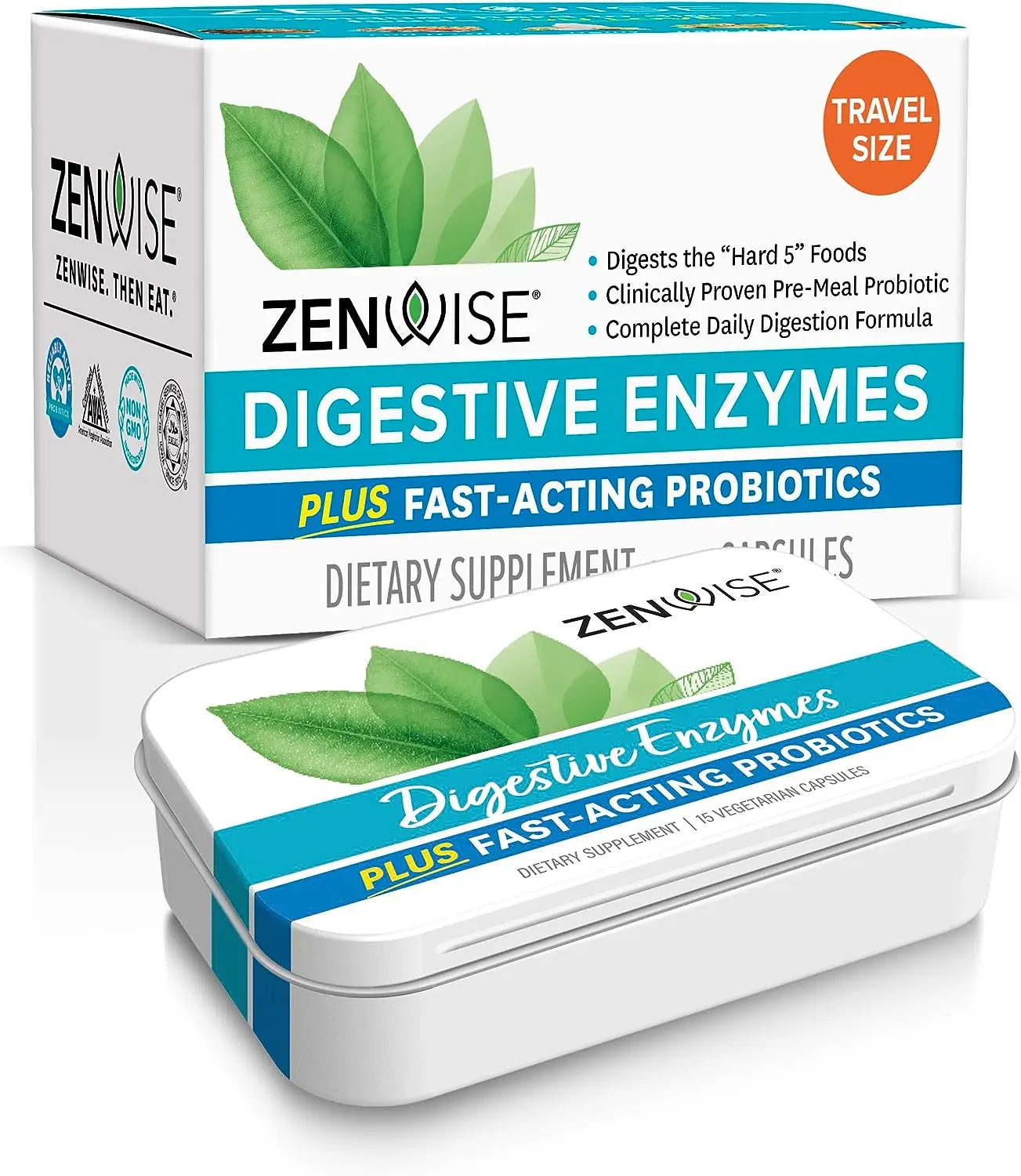 Zenwise Digestive Enzymes Travel Tin - Digestive Enzymes with Probiotics and Prebiotics for Digestive Health, Gut Health + Bloating Relief - 15 Count