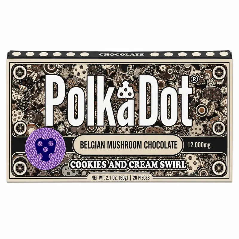 Polkadot Belgian Chocolate, Cookies And Cream Swirl, 20 Count, High Potency Plant-based Mushroom Snack, 100% Organic, High-Quality Ingredients, Made in USA, All Natural, Healthy Chocolate, 20 Piece Chocolate Bar