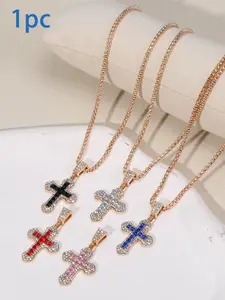Cross Necklace Hip Hop Style Zircon Pendant Jewelry, Titanium Steel Versatile Chain, Full Diamond Inlay, Multi-Color Options, Fade-Resistant