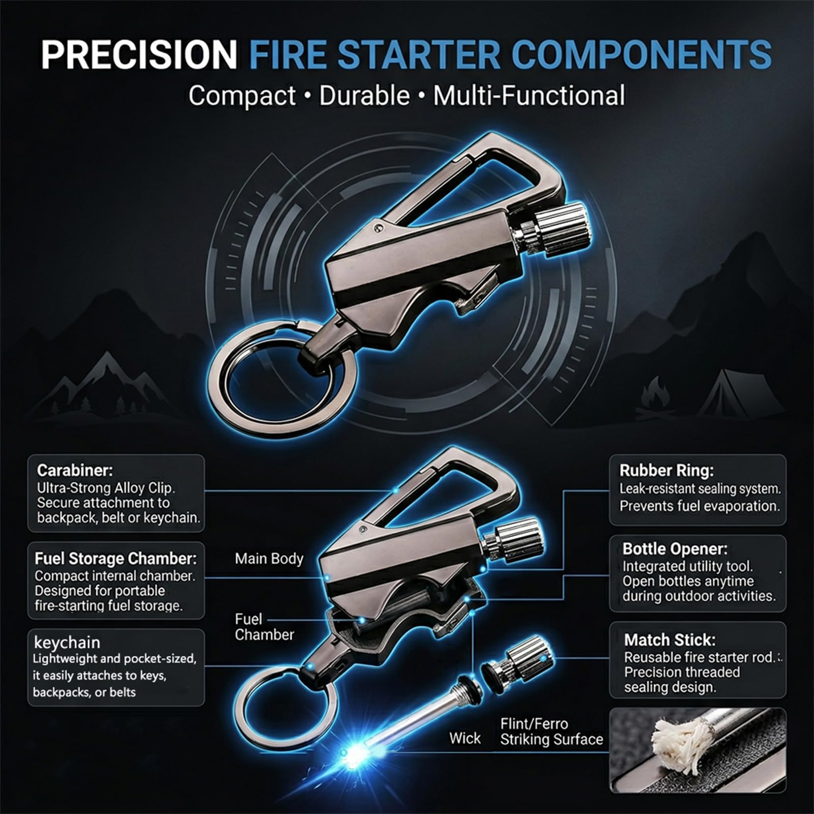 Metal Lighter, Bottle Opener Multi Keychain (Not Include Lighter fluid)